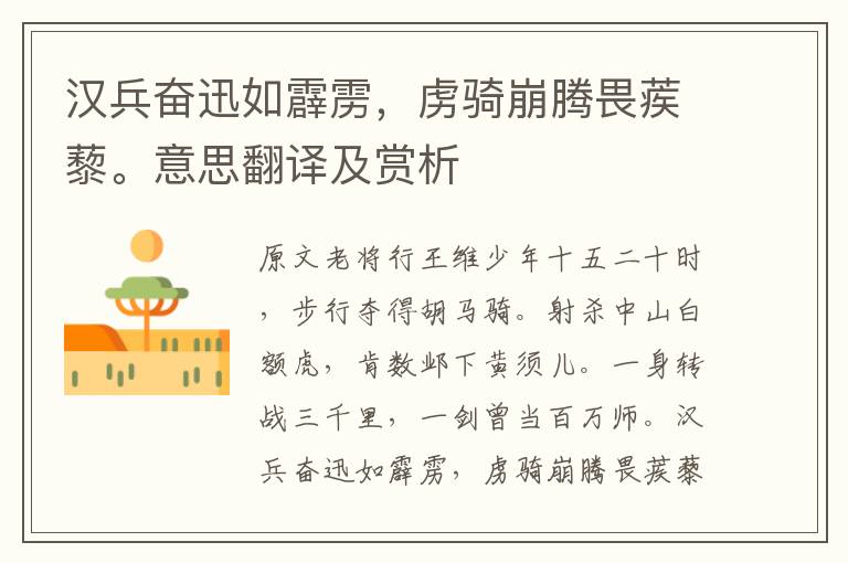 漢兵奮迅如霹靂,虜騎崩騰畏蒺藜。意思翻譯及賞析